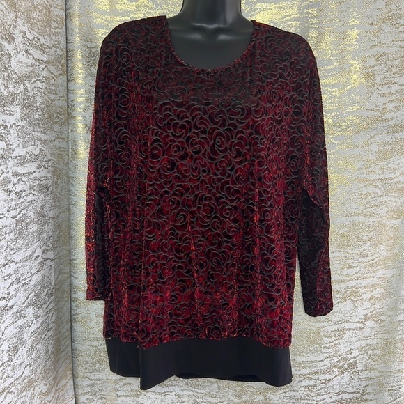 Tanjay Red/Black Velvet Burnout Detail Long Sleeve Blouse Size L - Picture 2 of 11